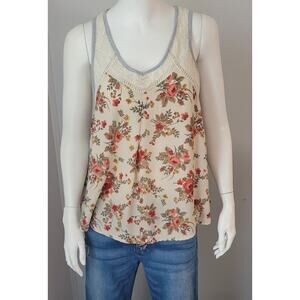 Hint of Mint Womans Tank Top Floral Sz. M Cotton Blend Beige/Gray
